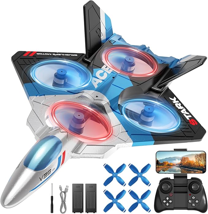 4DRC V39 Foam Remote Control Airplanes RC Planes with CameraRC Airplane Fighter Jet with LightGravity Control Auto-Follow Trajectory FlightOne Key Take Off 2 BatteriesBlue
