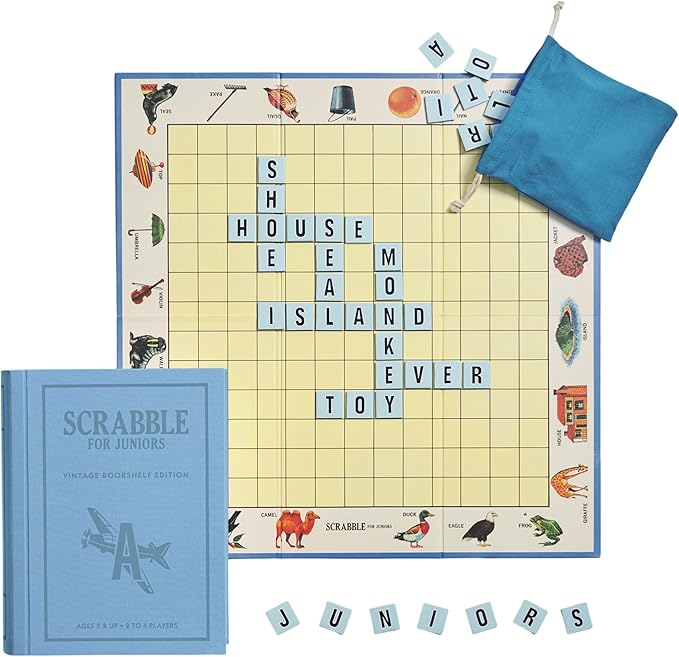 WS Game Company Scrabble for Juniors Vintage Bookshelf Edition: Linen Fabric-Wrapped Book Case — Educational Scrabble Jr. Board Game for Kids and Families (2-4 Players Ages 5+)