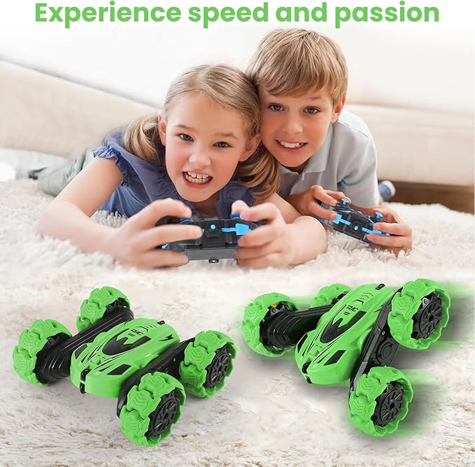 RC Stunt Car 360° Flips &amp Double-Sided Remote Control Truck with LED Lights 2.4GHz High Speed All Terrain Off-Road Toy Car Gift for Boys Girls Kids Ages 6-12 (Green)