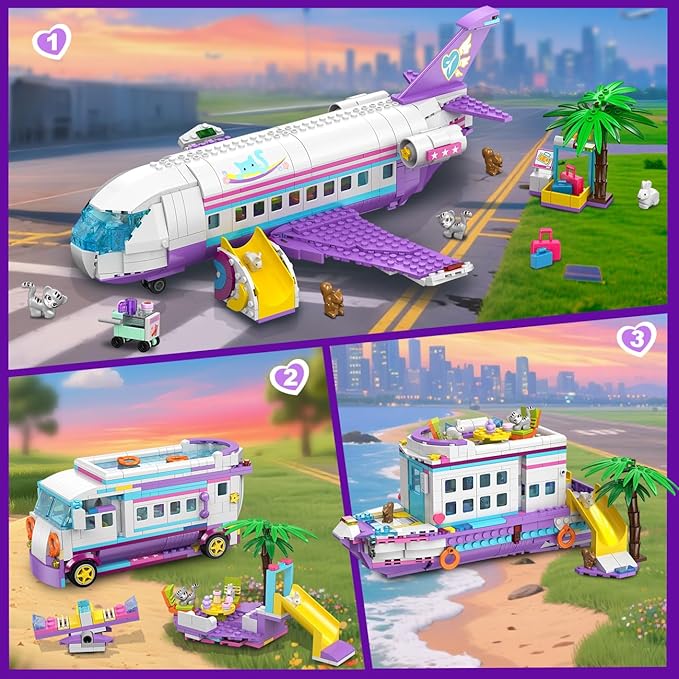 HOGOKIDS 3-in-1 Friends Airplane Building Toy Set - 808PCS Plane/Boat/Camper Van Building Toys with Cute 6 Mini Animals Slide Fun Accessories and Stickers Birthday Gifts for Girls Boys Age 8-12+