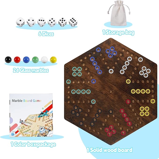 Wahoo Board Game - 23.6 inch Marble Game Board with 24 Glass Marbles and 6 DiceSolid Wood Double-Sided Game Board for 4 or 6 Players - Family and Party Game