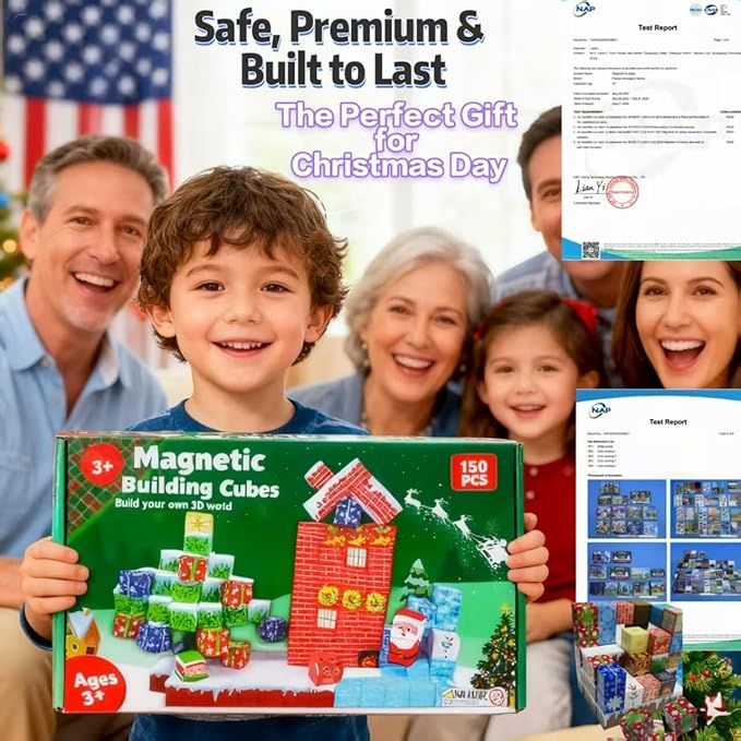 150PCS Magnetic Tiles Christmas Building Set STEM Sensory Toys with Santa &amp Reindeer Figures for Kids Ages 3-12 Gift Educational Magnetic Blocks for Toddler Boys Girls