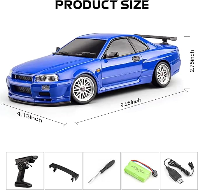 ARRIS LD1899 1/18 RC Drift Car GTR R34 2.4GHz RWD with Gyroscope on-Road Alloy Body Shell Racing Cars Radio Control Blue