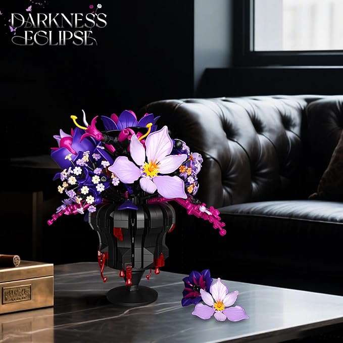 Purple Flowers Building Set Rose Bouquet Black Compatible with Lego Botanical Collection Gothic for Adults Women Home Office Decor