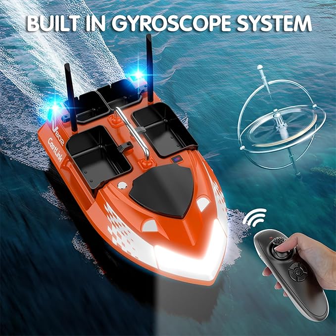 RC Bait Boat for Fishing with 4 Bait Containers 1640FT Remote Range Line Drop Cruise Control Dual 5200mAh Batteries LED Lights Hook Release &amp Carry Bag (Orange)