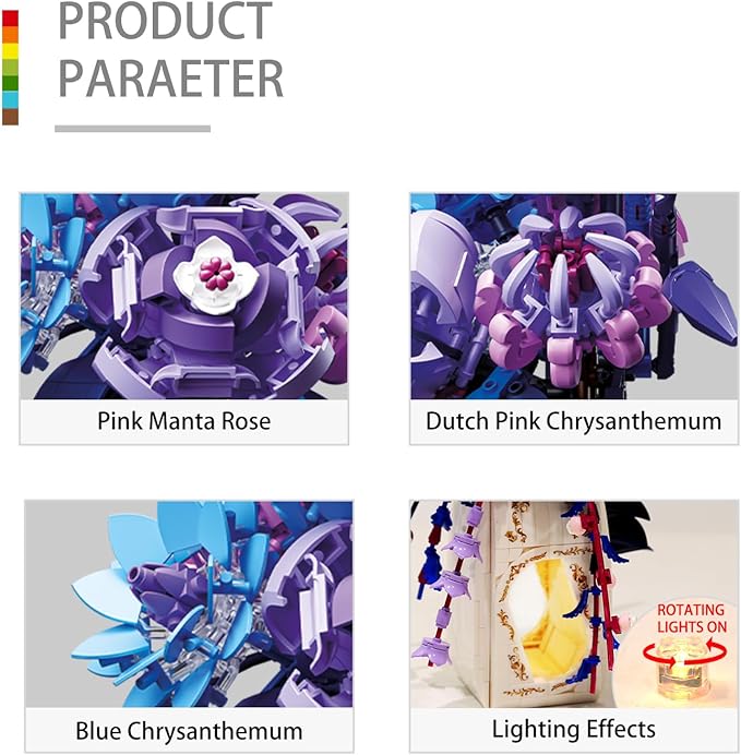 Flowers Bouquet Building Set Rose Compatible with Lego Flowers with vase Light for Adult Girl WomenBotanical Collection GothicMother's Day Easter Gifts Home Office Decor