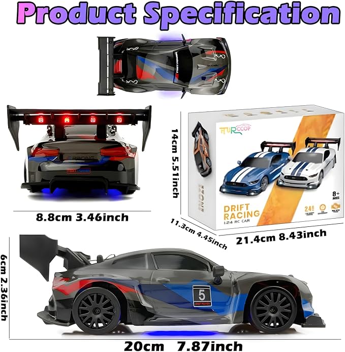 RC Drift Car 2.4GHz 1:24 Scale 4WD 25KM+/H High Speed Model Vehicle with LED Lights Drifting Tire Racing Sport Toy Car for Adults Boys Girls Kids Gift (Black)