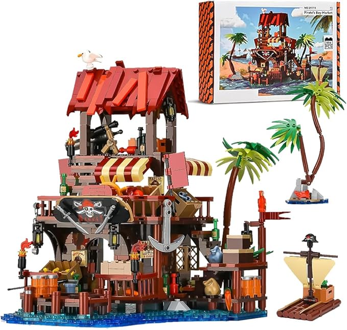 Viking Medieval Pirate's Bay Market Ship Wharf Building Set House Building Block Toy Medieval Architecture Bricks KitGift for Women or Adult 856pcs