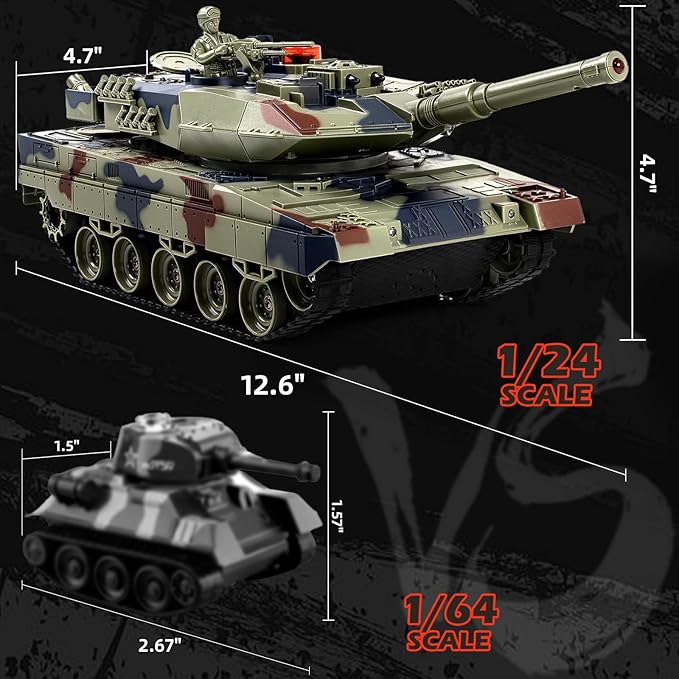 1/24 Remote Control Tank 2.4GHz German Leopard II RC Tank &amp Recoil Force &amp 330°Turret Rotation. Army Toys Infrared Battle Toys with Smoke and Sound Effect Gift for Boys