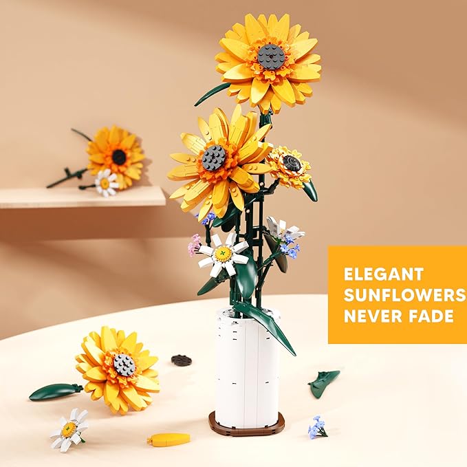 Sunflower Building Blocks Sets Flower Bouquet with Vase for Adults Teens Flower Garden Building Toys for Girls Boys Home Decor - 821Pcs