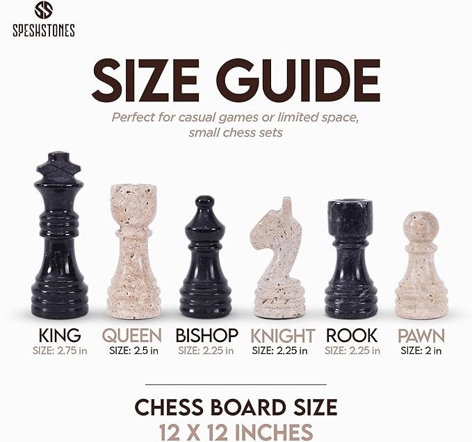 Marble Chess Set for Adults 12 Inch Black and Travertine Handmade Board Game with Storage Box Table Chess Set for Travel with Pieces &amp 2 Extra Queens Gifts &amp Home Décor