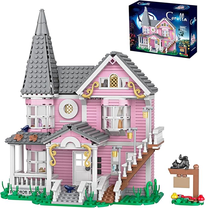 Pink Palace Apartment Building Set Halloween Haunted House Blocks Detailed Castle House Model with Classic European Style Detailed Interior