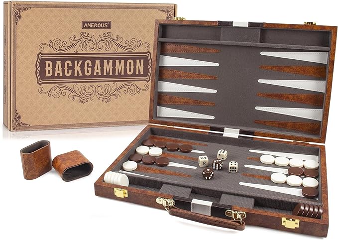 AMEROUS Backgammon Set 15 Inches Classic Board Game with Leather Case Folding Board Gift Package Portable Travel Strategy Backgammon Game Set for Adults Kids (Medium Brown)