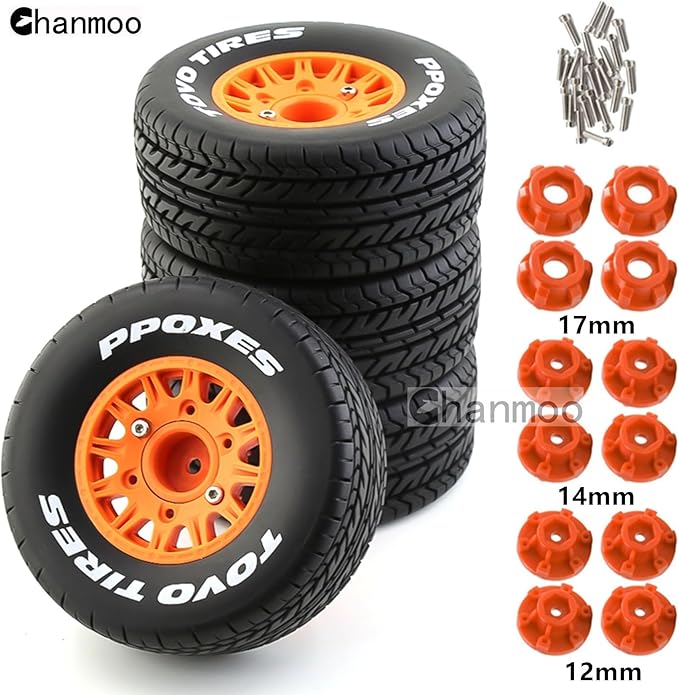 1/10 RC Short Course Truck Tires And Wheels With 12mm 14mm 17mm Hex 113mm 1/8 Rubber Tyres For 1/8 or 1/10 Scale On Road Car HSP Sonic 94102 GT PTG-2 Tamiya TT02 RC Racing Car 4PCS (Orange A)
