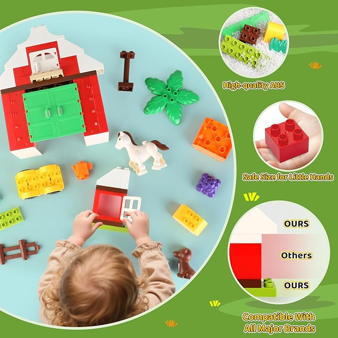 Building Blocks for Toddlers 1-3-5 Farm DIY Big Classic Building Bricks Toys Set for Kids Ages 2-4-5-8 With Barn Animals Truck Compatible With All Major Brands Gift Toy for 3-5 Boys Girls 74 Pcs
