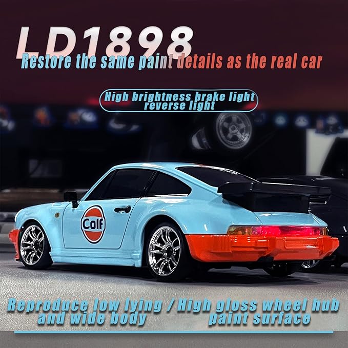 LD1898 1/18 RC Drift Car GTR R34 2.4GHz RWD with Gyroscope on-Road Alloy Body Shell Racing Cars Radio Control (Blue-Orange)