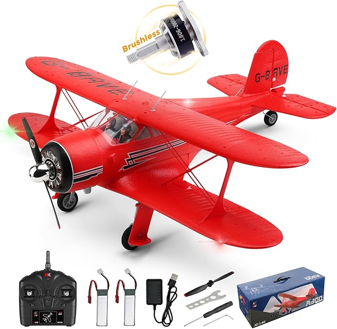 CKYSCHN WLtoys A300 4-Ch RC Plane Beechcraft D-17 RC Airplanes with Lights 6G/3D Brushless RC Planes with 2 Batteries 2.4G Remote Control RC Airplanes Gifts for Adults