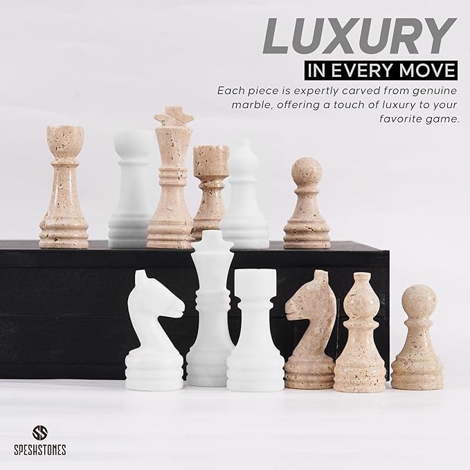 Marble Chess Set 15 Inch Handmade White &amp Travertine Luxury Board Games for Adults Elegant Table top Board Game Travel Chess Pieces &amp Storage Box for Gifts &amp Home Decor