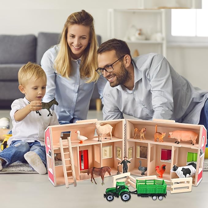 Wooden Barn Toys Play Barn with 12 Animal Play Figures for 3+ Years Old Toy Barn and Farm AnimalsWooden Barn Playset for Christmas Birthday Gift for Boys Girls