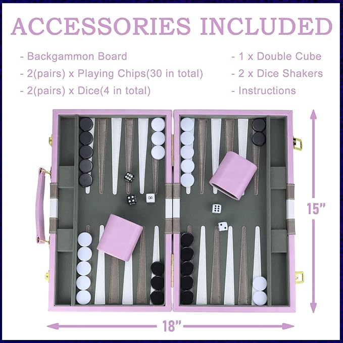 Backgammon Sets for Adults 15 inch Backgammon Purple Sets Classic Board Game with Premium Leather Case Portable Travels Strategy Backgammon Game Set for Adults Kids (Purple)