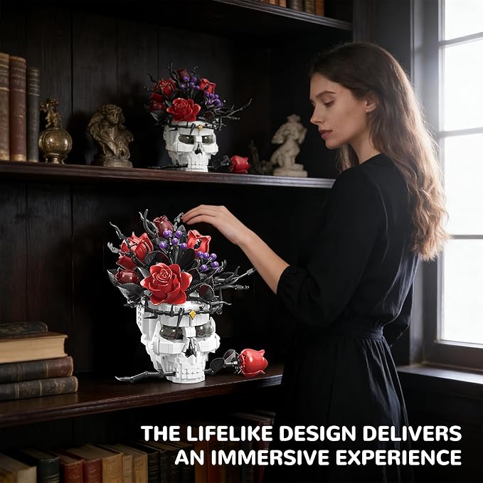 Skull Roses Flowers Building Set for Adults Gothic Horror Skeleton with Red Bouquet Botanical Collection Home Art Decor Gift for Women Girls