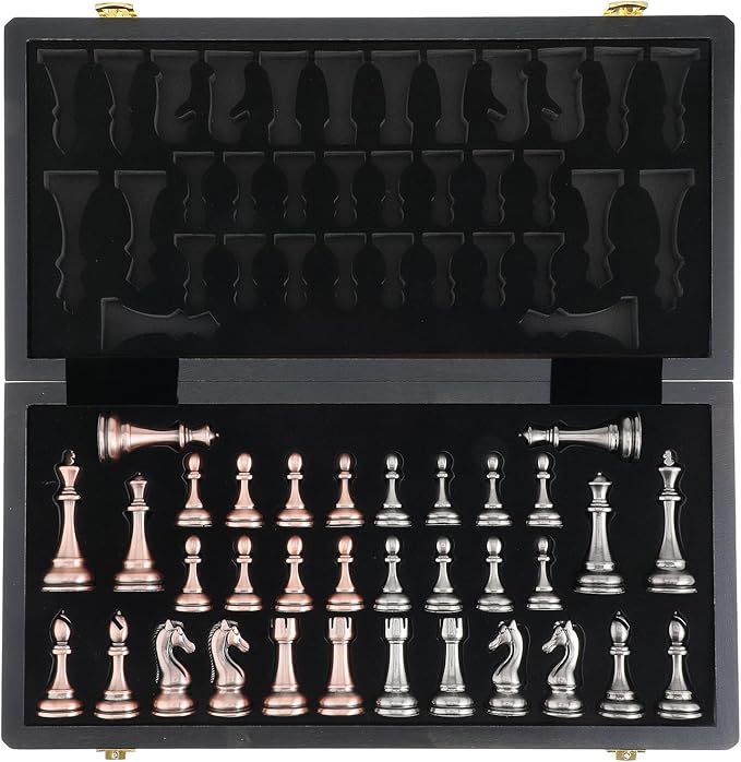 15-Inch Large Metal Chess Set for Adults and Kids with Metal Chess Pieces – Foldable Wooden Board with Storage Portable Classic Game Set for Travel &amp Home Elegant Gift for Chess Enthusiasts
