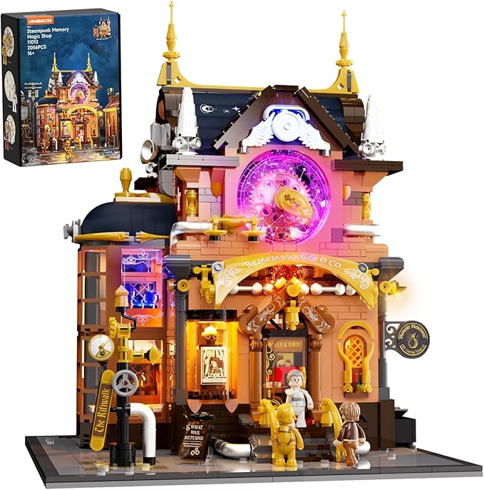 Steampunk Memory Magic Shop Lighting Building-Bricks Set 2056 Pcs Modular Building from Chrono Custodians Collection Display Set for Adults and Steampunk Lovers