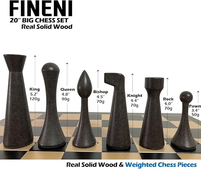 Luxurious 20 inch Real Luxurious Dark Colored Solid Wooden Chess Set. Durable Handmade Chess Board Game Sets with Storage Slots for 5.2” Weighted &amp Elegant Designed Wooden 34 Pieces (C20D)