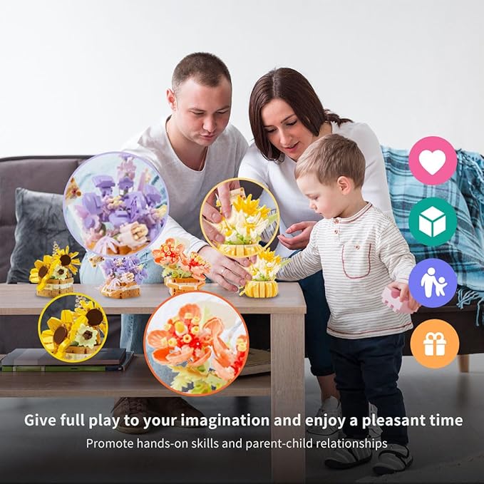 Miniature Flower Bouquet Building Blocks Set DIY Bonsai Basket Kit Artificial Flowers Botanical Collection Toys Home Shelf Decor for Adults &amp Teens (4 Sets)