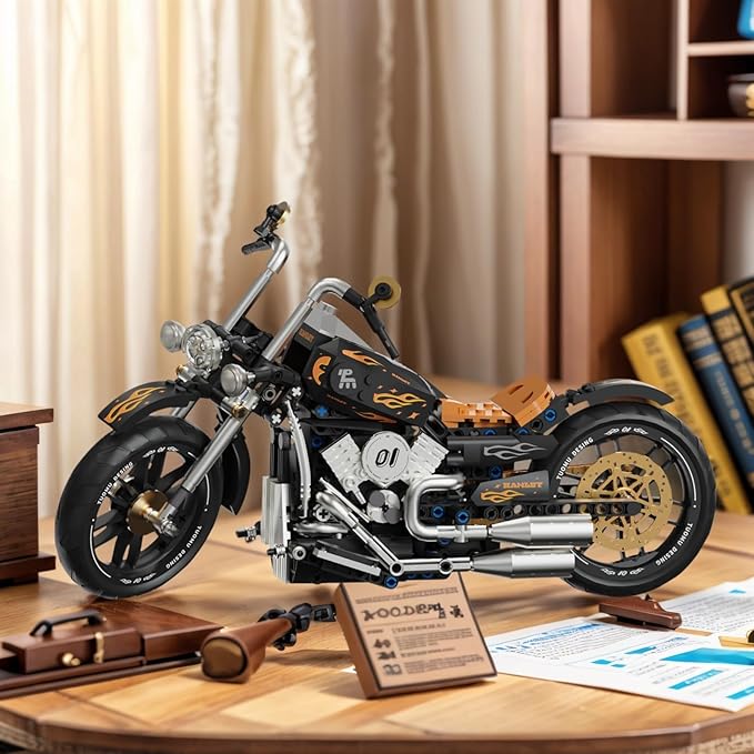 Vintage Motorcycle Building Block Toy Set Collectible Heavy Motorbike Building Bricks Model Kit Gift for Kids Adults (445 Pcs)