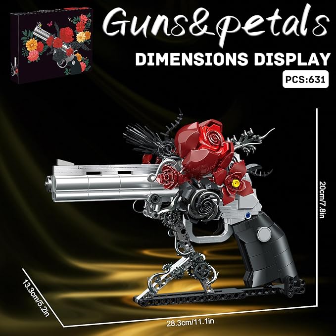 Guns &amp Petals Decorative Revolver Building Blocks with Red Roses Gothic Rose Revolver Building Kit Gothic Style Display Piece Creative Gift for Adults Teens 631 PCS