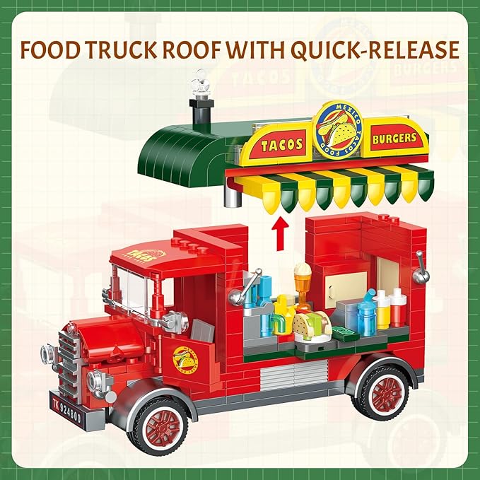Taco Truck Building Blocks Set Cityscape Series Building Sets with Separate Dining Table and Puppy Pretend Play DIY Building Toys Gifts for Family Friends on Birthday Festival (615 Pcs)