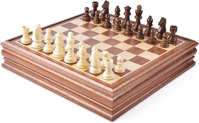 VAMSLOVE Chess and Checkers Board Game Sets for Adults Wooden Deluxe 15 inch Wood Board Box with Storage Classic 2 in 1 Large Size with Chess Pieces - 3” King Height - 2 Extra Queens