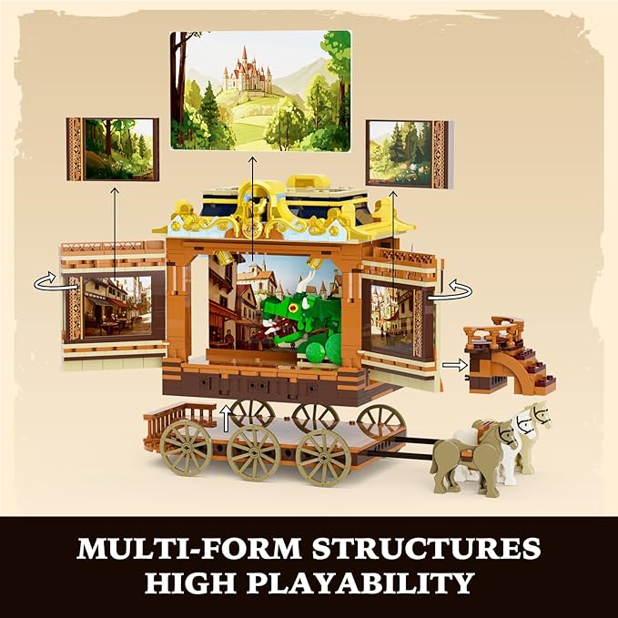 Medieval Troupe Carriage Lighting Building Bricks Set - Middle Ages City Town Playset Multi-Form Modular Collection Display Kit with Minifigures 1248 Pcs for Adults &amp Teens