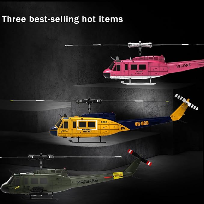 RC ERA C032 UH-1 Huey Helicopter - Remote Control Helicopters for Adult 1/48 Sacle 2.4G 6CH Gyro Stabilized Aircraft with Altitude Hold &amp Optical Flow3D Stunt Drone (Yellow)