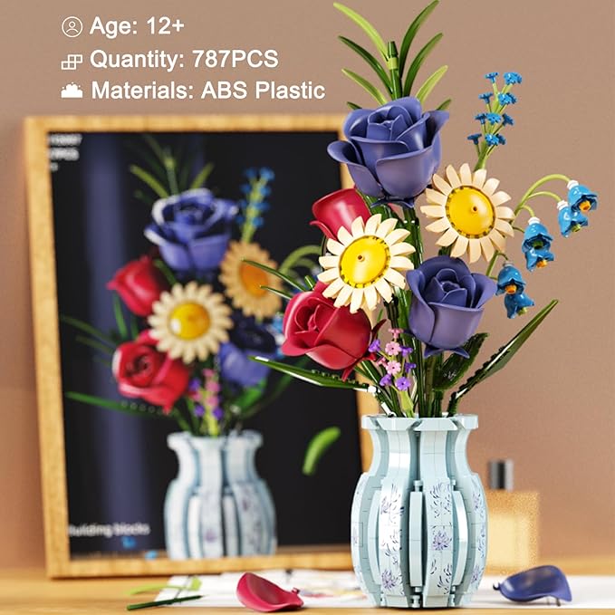 Flower Bouque Building Set with Vase 787 PCS Botanical Collection Building Block Toy Roses Sunflower Artificial Flowers Home Decor Gift for Adults Kids 12+