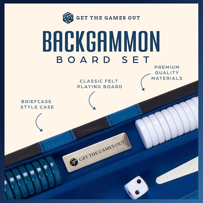 Get The Games Out Top Backgammon Set - Classic Board Game Case - Best Strategy &amp Tip Guide - Available in Small Medium and Large Sizes (Blue Large)