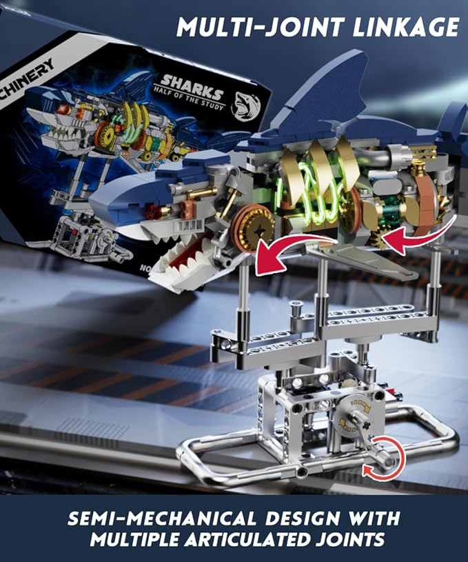 Ideas Mechanical Shark Building Set - with Display Stand and Light Marine Animal with Linkage Function for Adults Ocean &amp Mechanical Enthusiasts. (Compatible with Legos)