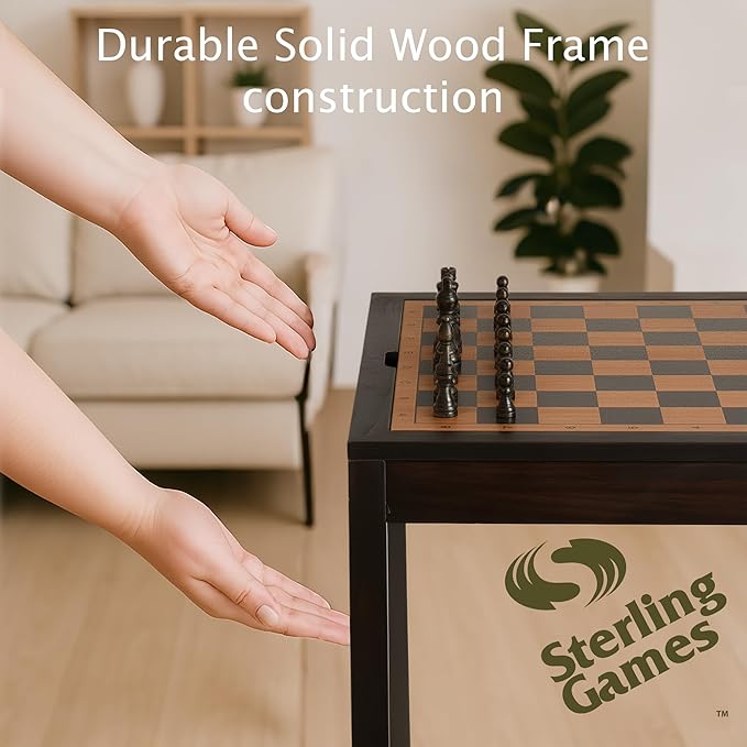 Sterling Games Wooden Chess Table | Chess Checkers and Backgammon 3 in 1 Combo Game Table Furniture Set 25 x 25 4 King Dark Zebra