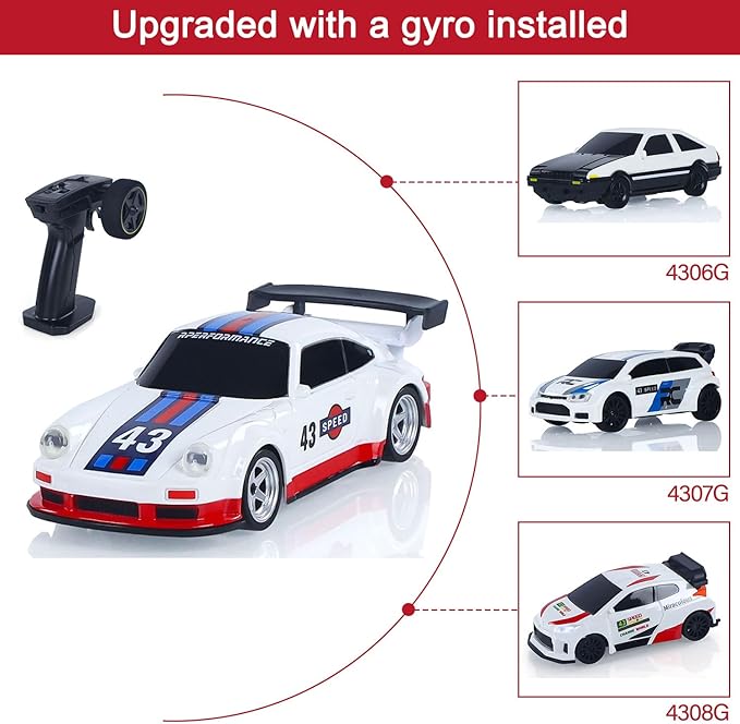 1/43 High Speed 2.4 GHz Mini RC Drift Car with 4 Wheel Drive Motor ESC Servo Motor Lighting Battery Charging Cable Gyroscope Hobby Grade Model for Birthday Gift