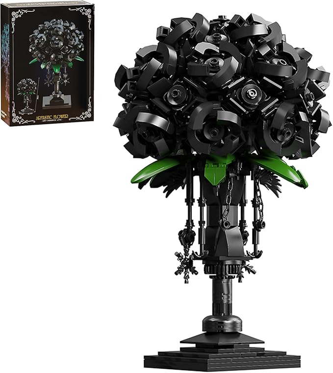 Black Rose Building Block Flower Decor Gothic Style Brick-Built Floral Bouquet for Home &amp Office Compatible with Lego Dark Romantic Black Flowers DIY Display Gift for Adults