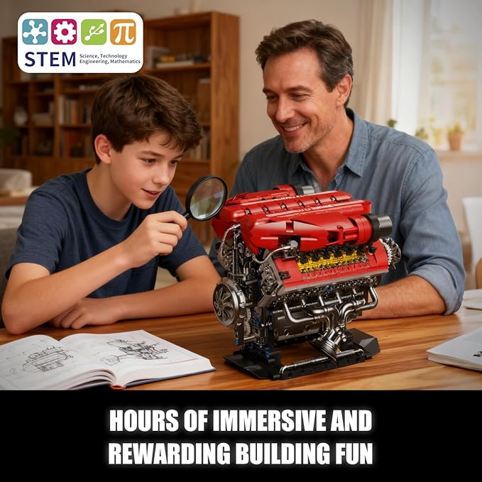 V12 Engine Model Kit That Runs 12-Cylinder Sports Car Engine Building Set with Rechargeable Motor Compatible with Lego for Adults Engineering Construction STEM Toy for Teens (1607 PCS)