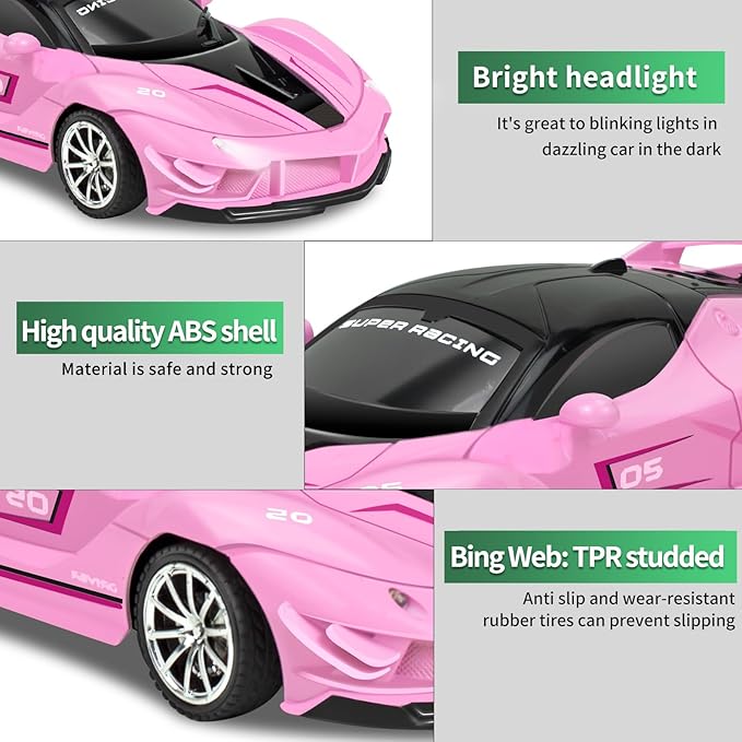2 Pack Remote Control Car for Girls 3-5 1:18 Scale Hobby Rc Cars Toys for Kids Age 3 4 5 6 7 8-12 Year Old- Model Sports Racing Car with Headlights Birthday Easter Gifts for Kids Pink &amp Blue