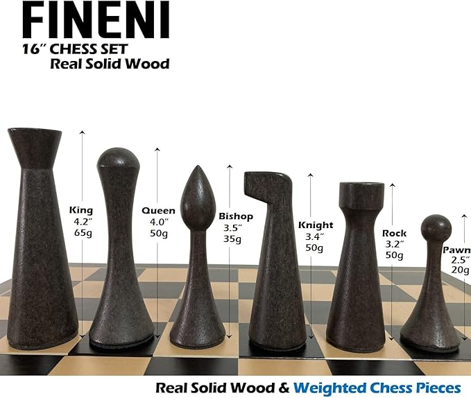 Luxurious 16 inch Real Luxurious Dark Colored Solid Wooden Chess Set. Durable Handmade Chess Board Game Sets with Storage Slots for 4.2” Weighted &amp Elegant Designed Wooden 34 Pieces (C16D)