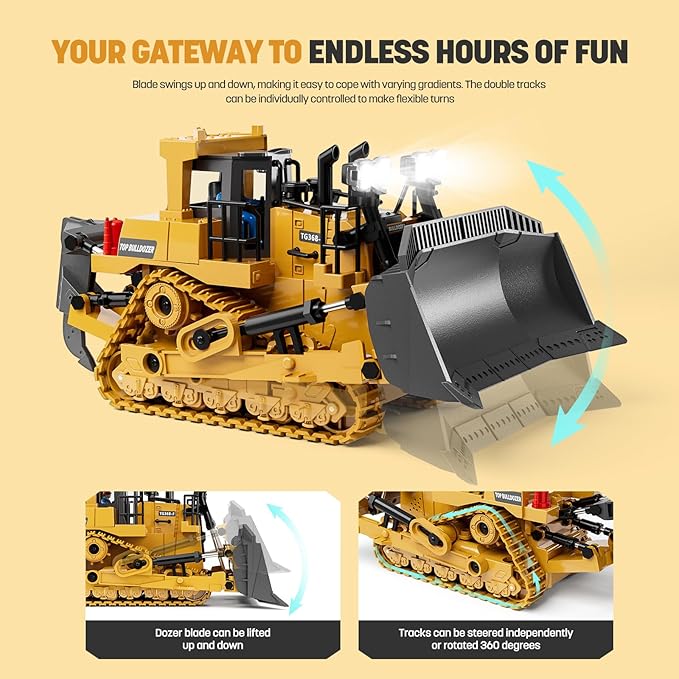 Metal RC Bulldozer Toy for Kids | 9-Channel Remote Control Track-Type Tractor with Lights &amp Sounds Realistic Construction Vehicle Toy for Boys Ages 3-12 Rechargeable Gift for Birthday 2026