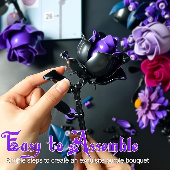 Gohero Purple Roses Building Blocks Set (822PCS) - Lego Compatible Flowers for Adults Gothic Home Decor for Women &amp Teen Girls Making It an Ideal Gift for Halloween Valentine's Day.