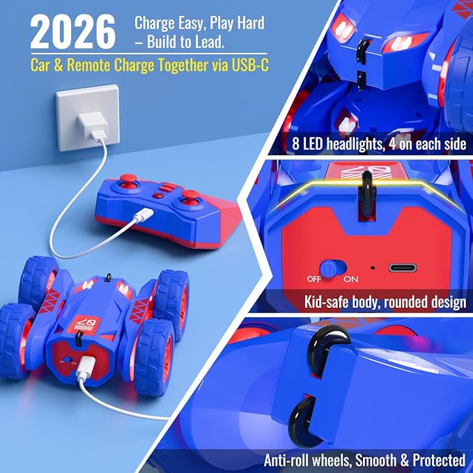 Remote Control Car Rechargeable RC Cars &amp Remote Double-Sided Driving 360° Flips Rotating 2.4Ghz 4WD All Terrain Stunt Race Car Toy Christmas Birthday Gift for Kids Boys 3-12