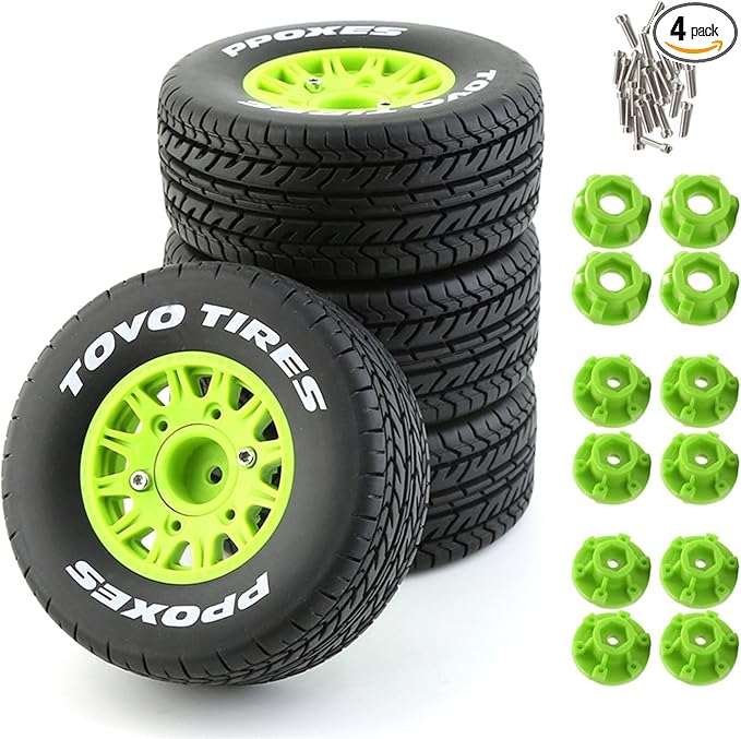 1/10 RC Short Course Truck Tires And Wheels With 12mm 14mm 17mm Hex 113mm 1/8 Rubber Tyres For 1/8 or 1/10 Scale On Road Car HSP Sonic 94102 GT PTG-2 Tamiya TT02 RC Racing Car 4PCS (Green A)