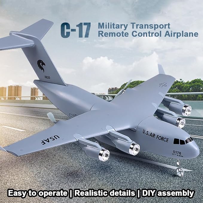 RC Plane Remote Control Airplane 2 Channels RC Airplane C-17 Military Transport Aircraft 2.4GHz EPP Foam Fixed-Wing RC Glider with Gyro and 2 Batteries Easy to Fly for Beginners