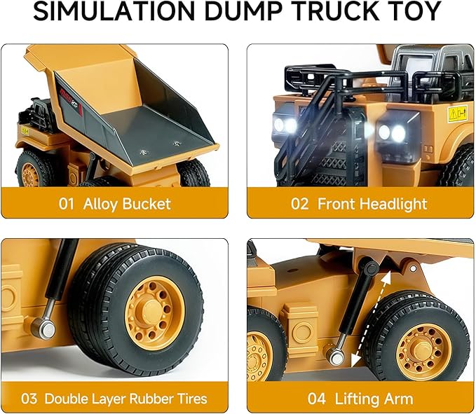 BRRRRT 1/64 RC Dump TruckMini Dump Truck Toy8-Channel Remote Control Toy with Metal Bed &amp Light RC Construction VehiclesType-C Built-in BatteryBirthday Gifts for Boys and Girls Age 3+